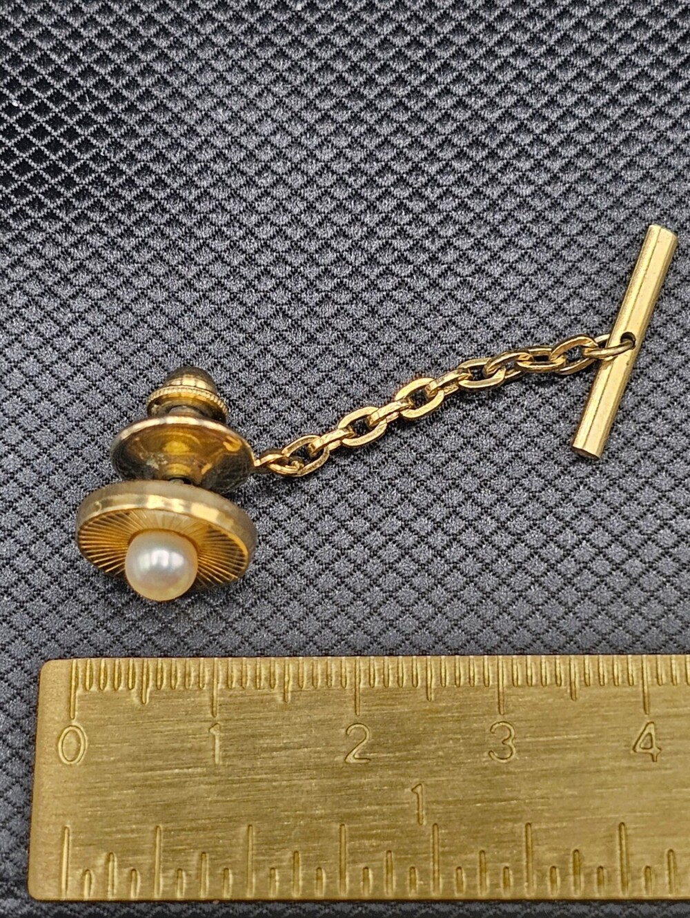 Gold Tone Faux Pearl Tie Tack with Chain